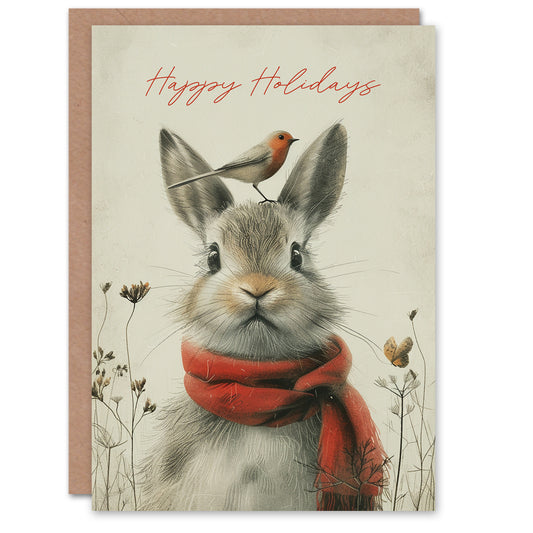 Cute Bunny Robin Bird Winter Kids Rabbit Christmas Card