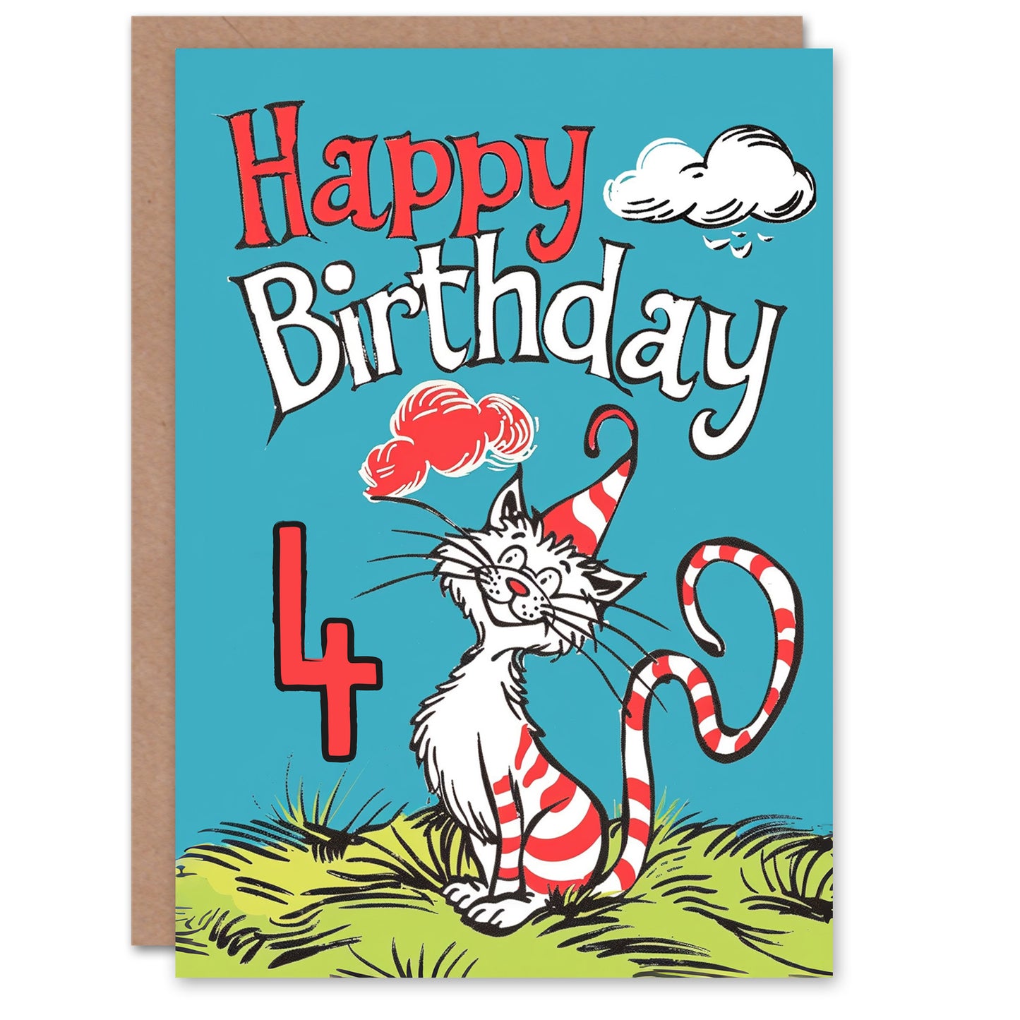 Cat Red Striped Hat Kitty Strange Fun Kids Birthday Card