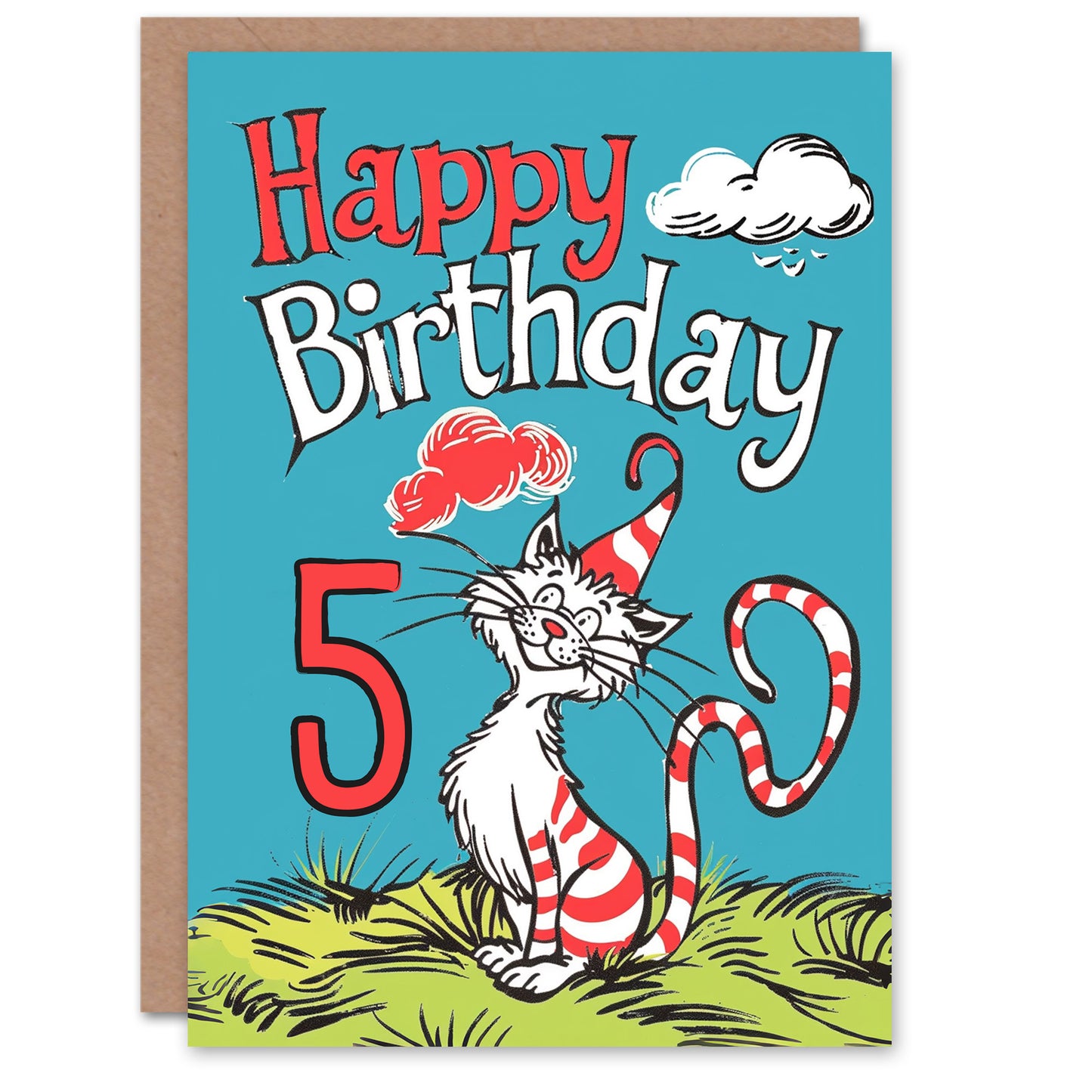 Cat Red Striped Hat Kitty Strange Fun Kids Birthday Card