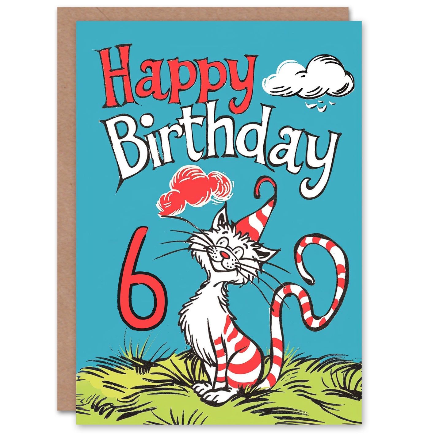 Cat Red Striped Hat Kitty Strange Fun Kids Birthday Card