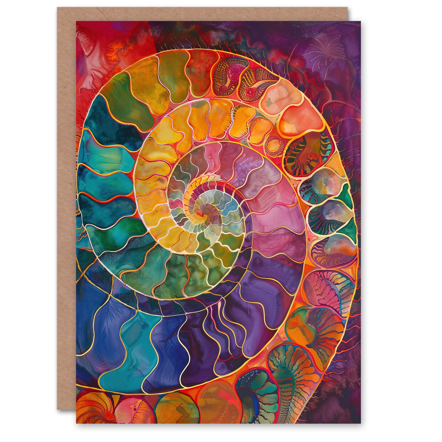 Ammonite Shell Fossil Rainbow Pattern Painting Greeting Card