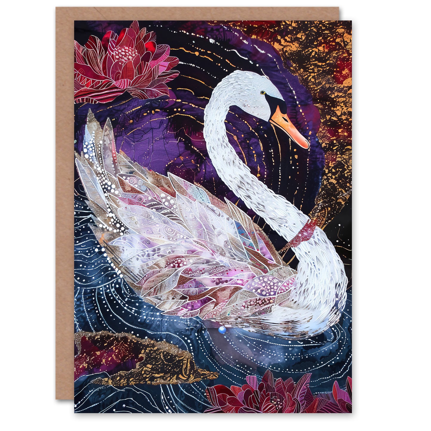 Magical Swan Artwork Enchanted Purple Pink Greeting Card