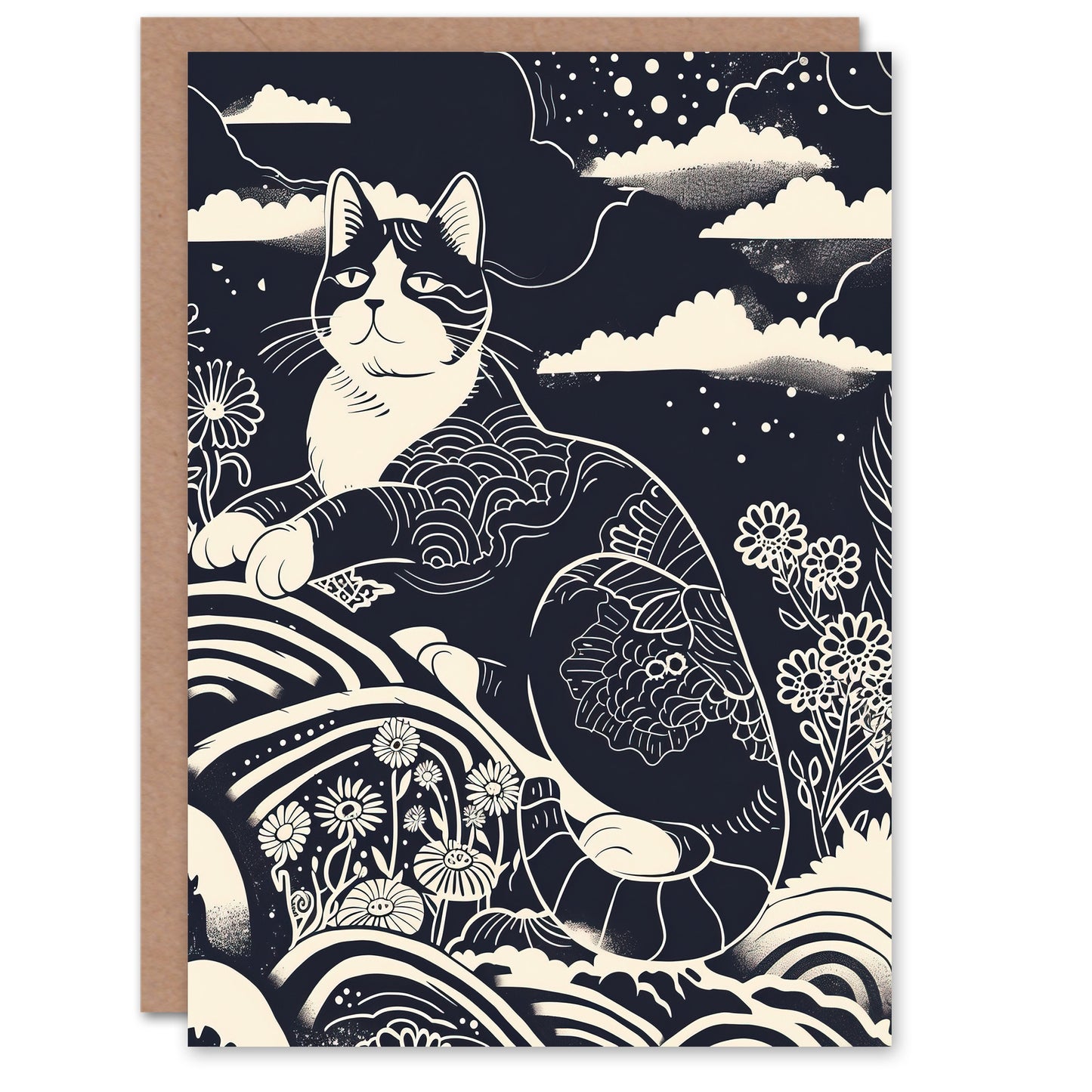 Abstract Zen Black And White Cat In Flowers Magic Greeting Card