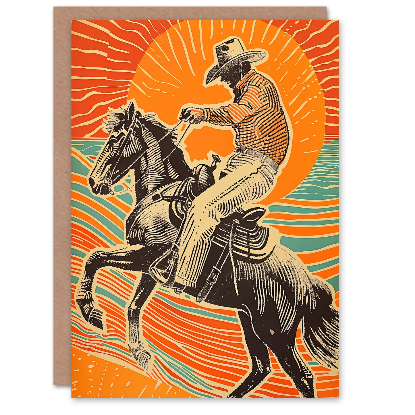 Abstract Cowboy On Horse Sunset Western America Greeting Card
