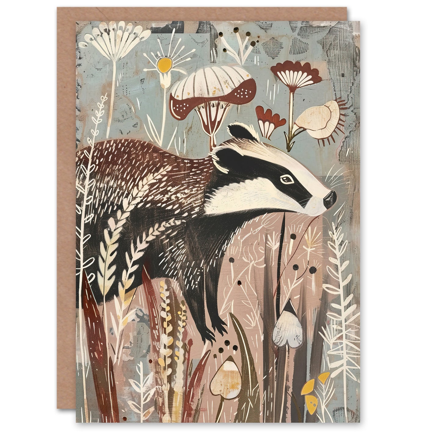 Rustic Woodland Badger Artwork Forest Wildflowers Art Greeting Card