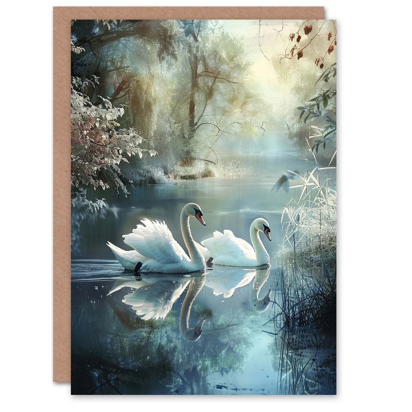 Graceful Swans Tranquil Winter Lake Painting Art Greeting Card