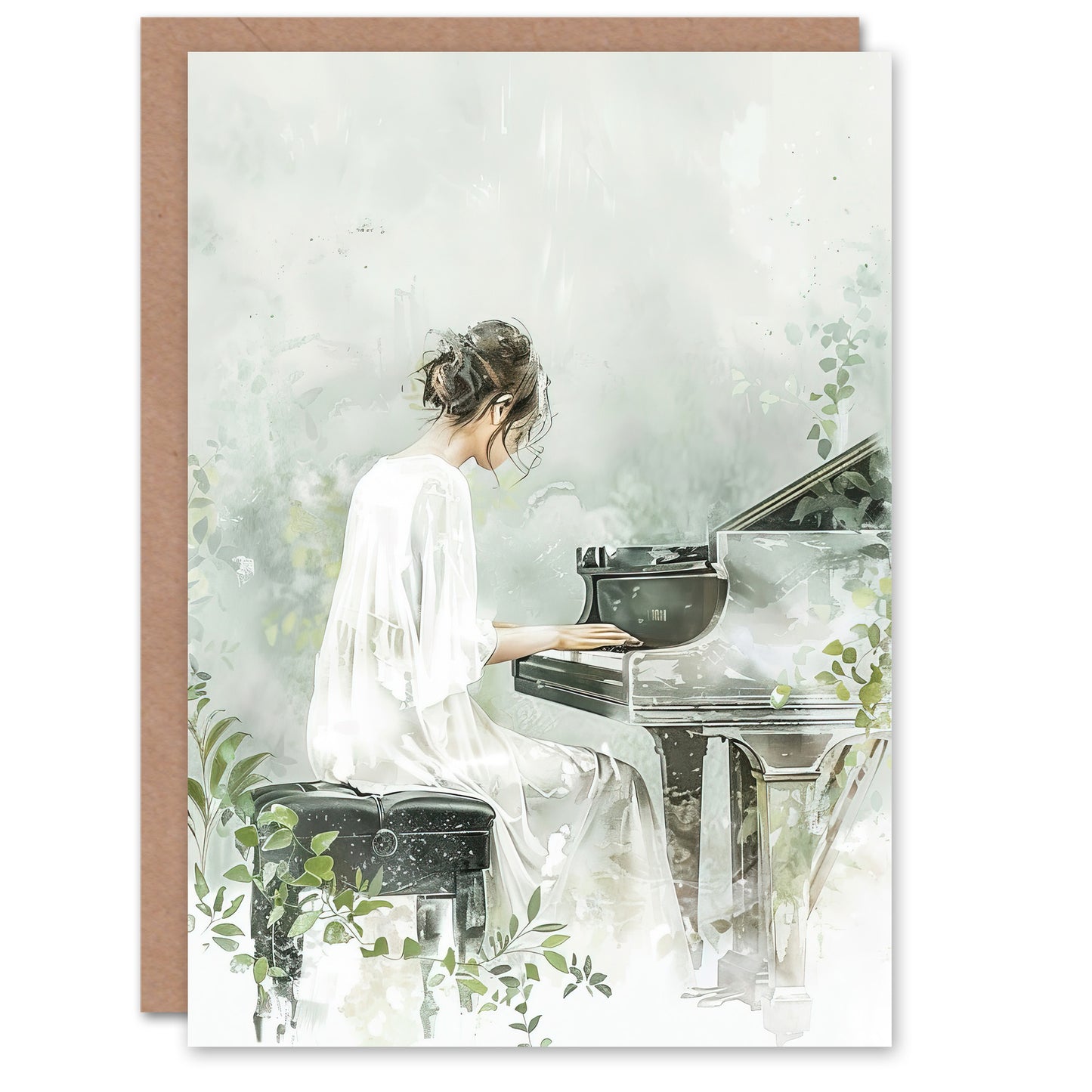 Pianist Playing Piano Misty Forest Watercolour Art Greeting Card