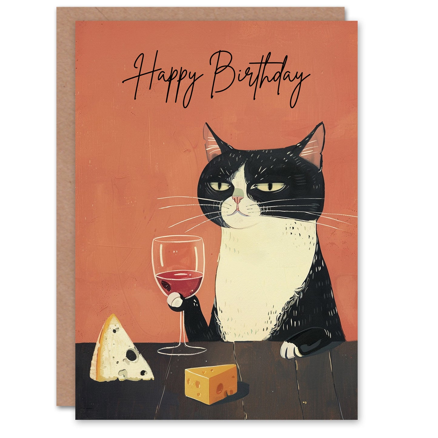 Birthday Card Sophisticated Tuxedo Wino Cat Cheese Lover