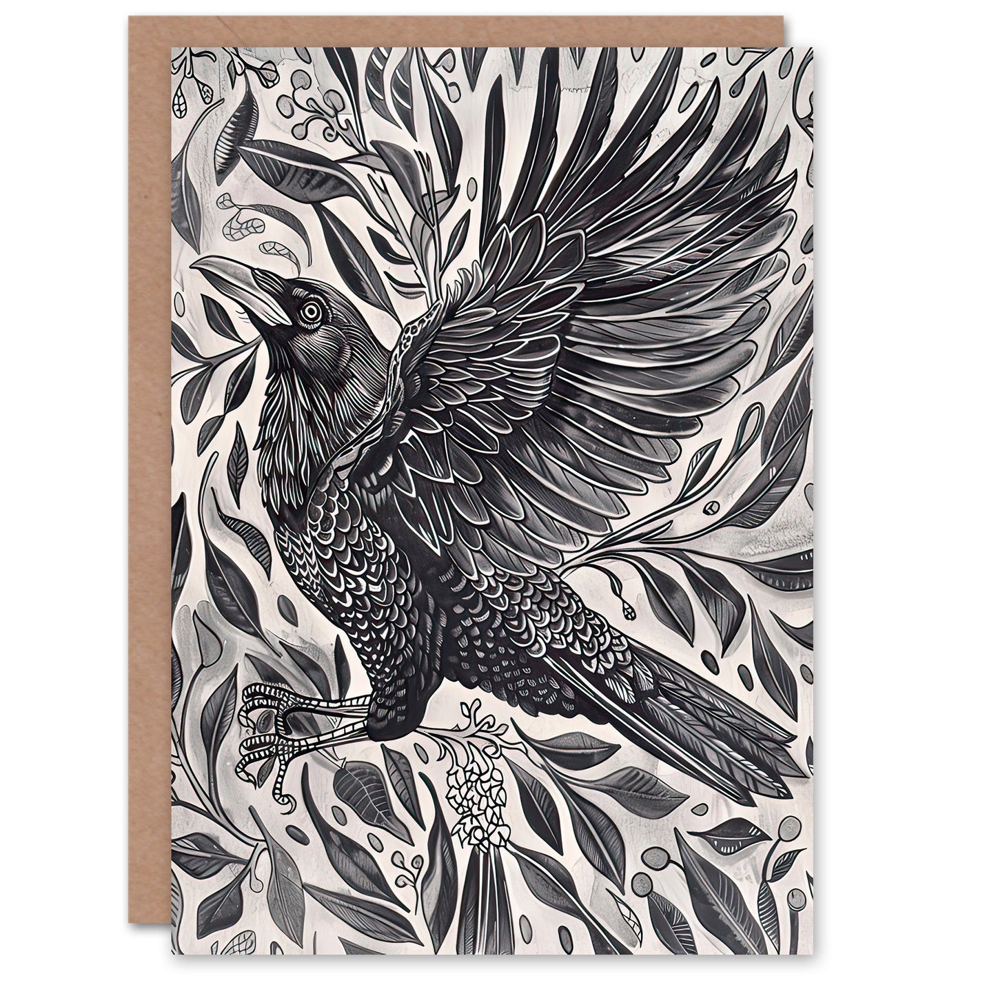 Wild Black Raven In Flight Painting Magic Gothic Greeting Card