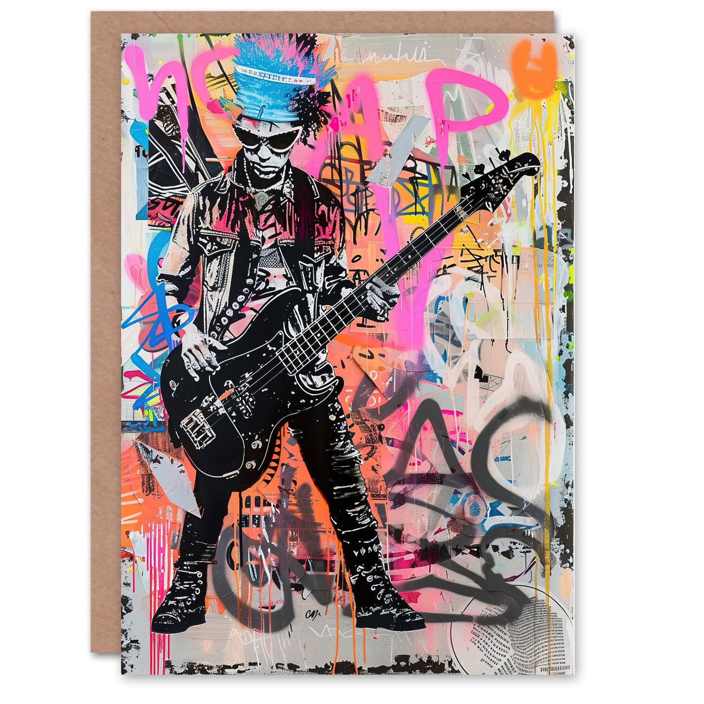 Punk Music Bass Guitarist Colourful Street Art Greeting Card