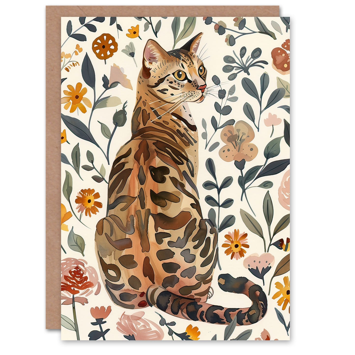 Cat Lover Curious Bengal In Autumn Wildflowers Greeting Card
