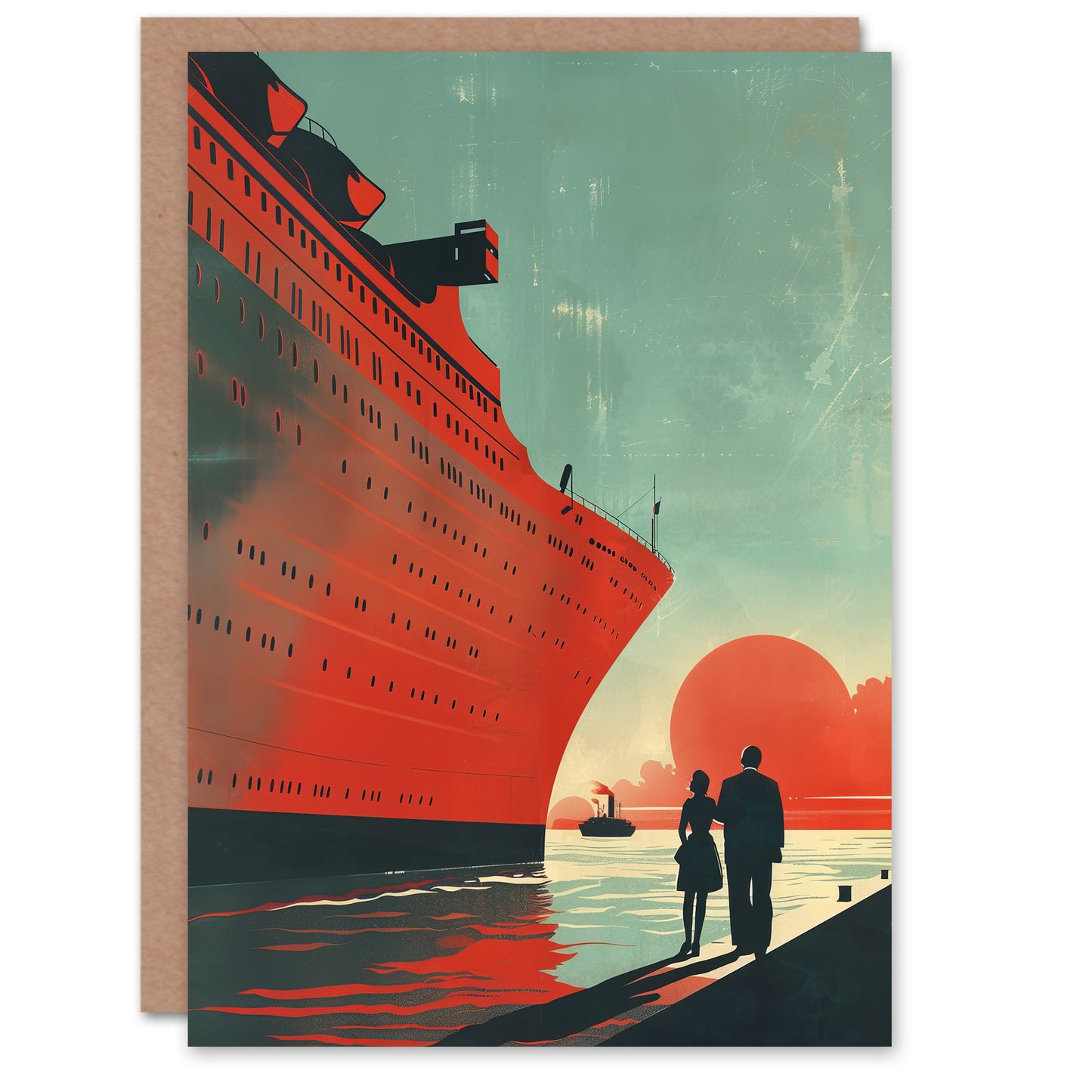 Cruise Ship Sunset Harbour Red Blue Travel Advert Farewell Card