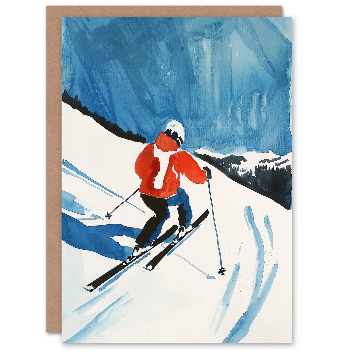 Austria Skier Skiing Winter Sport Ski Watercolour Greeting Card