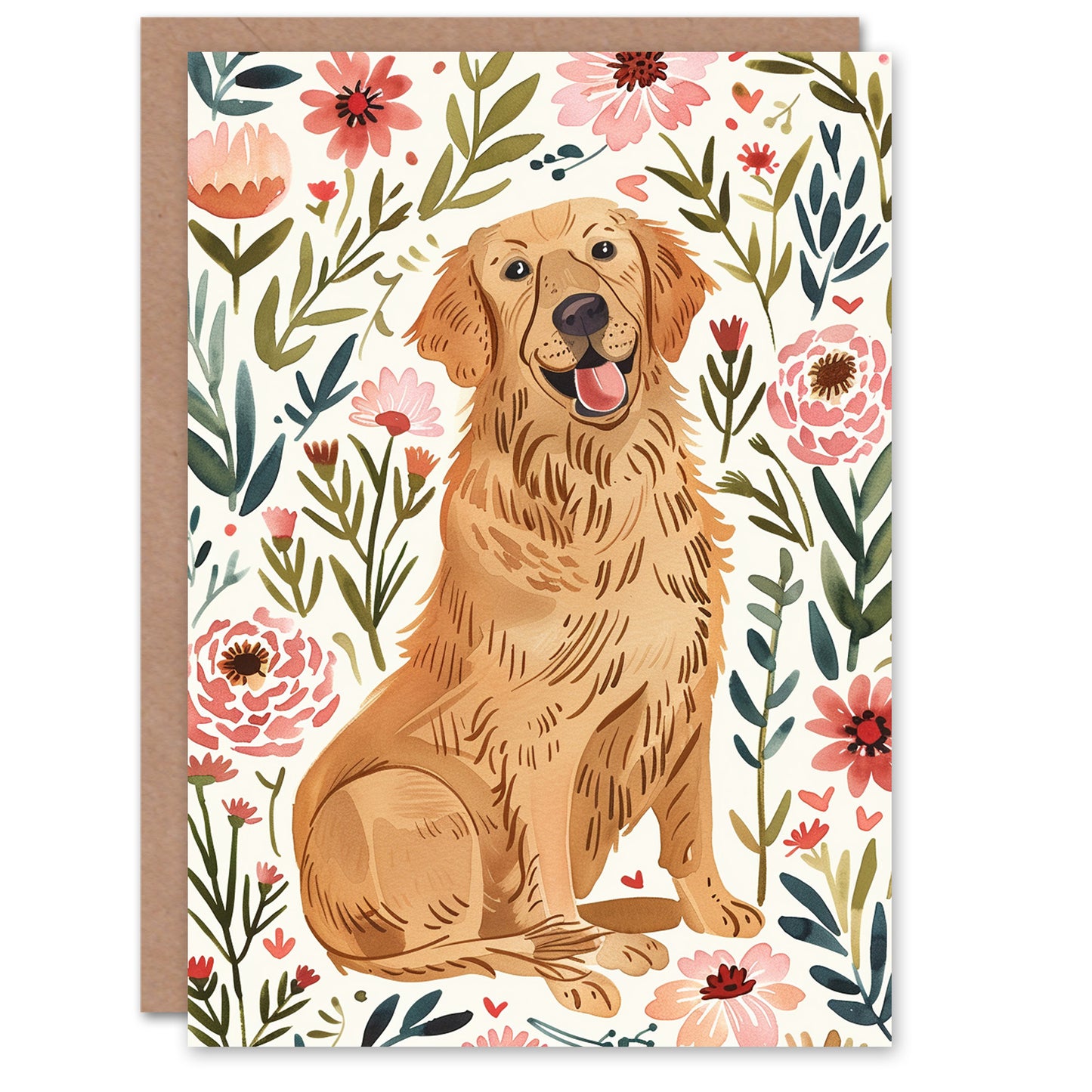 Happy Golden Retriever And Pink Flowers Dog Lover Greeting Card