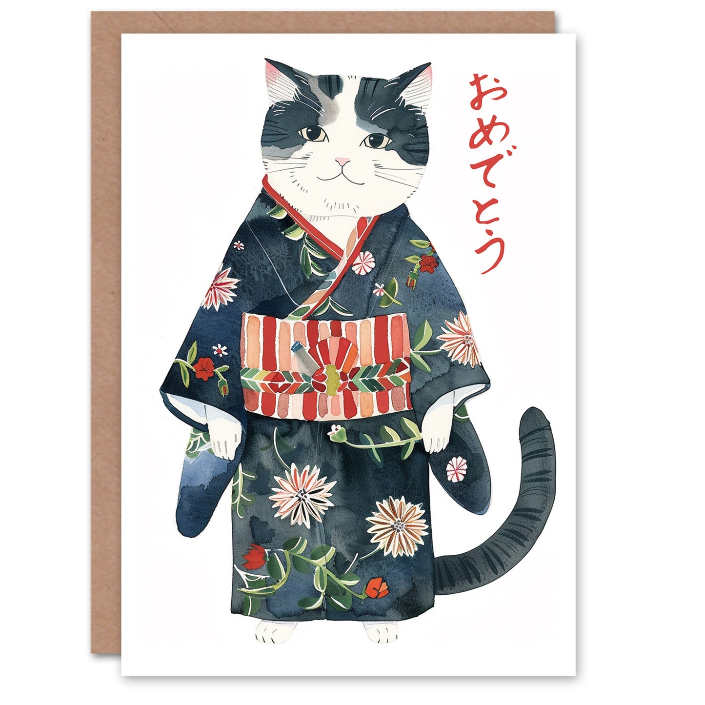 Floral Japanese Kimono Pet Portrait Cat Lover Card