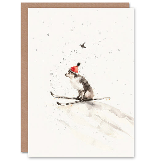 Santa Hat Collie Skiing Festive Dog Lover Xmas Christmas Card