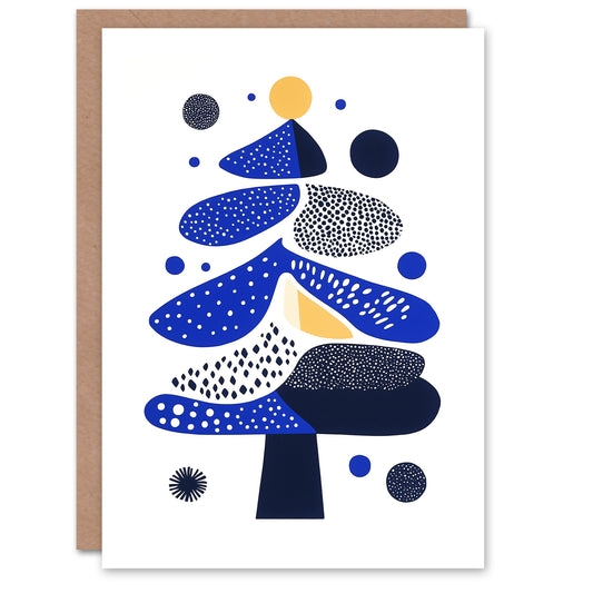 Modern Abstract Tree Shapes Blue Yellow Christmas Card