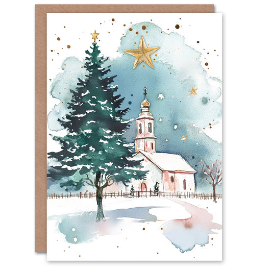 Russian Village Church Tree Festive Fun Xmas Art Christmas Card
