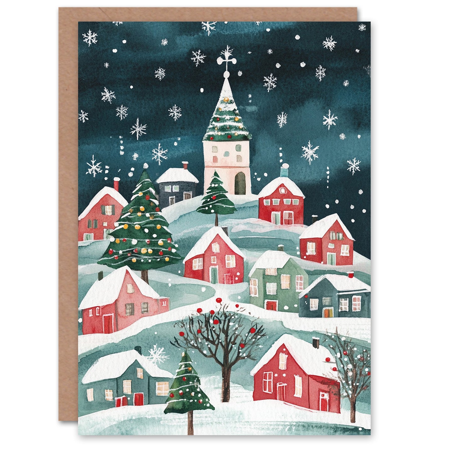 Festive Hill Town Winter Trees Festive Xmas Art Christmas Card