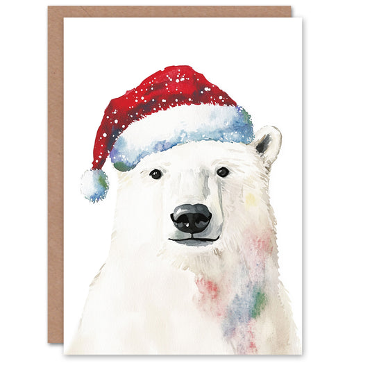Polar Bear Santa Hat Bright Festive Fun Christmas Card