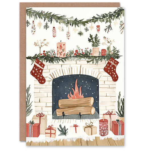 Cosy Fireplace Scene Decorations Presents Christmas Card