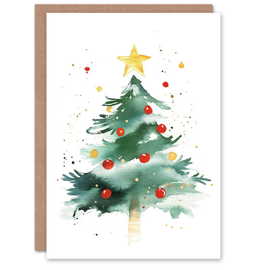 Red Yellow Bauble Tree Bright Festive Xmas Art Christmas Card