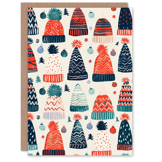 Colourful Knit Winter Hats and Baubles Xmas Art Blank Christmas Card