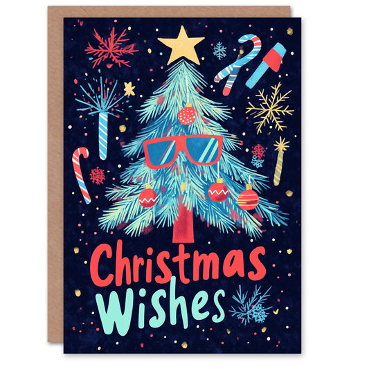 Retro Wishes Tree Sunglasses Candy Cane Festive Christmas Card