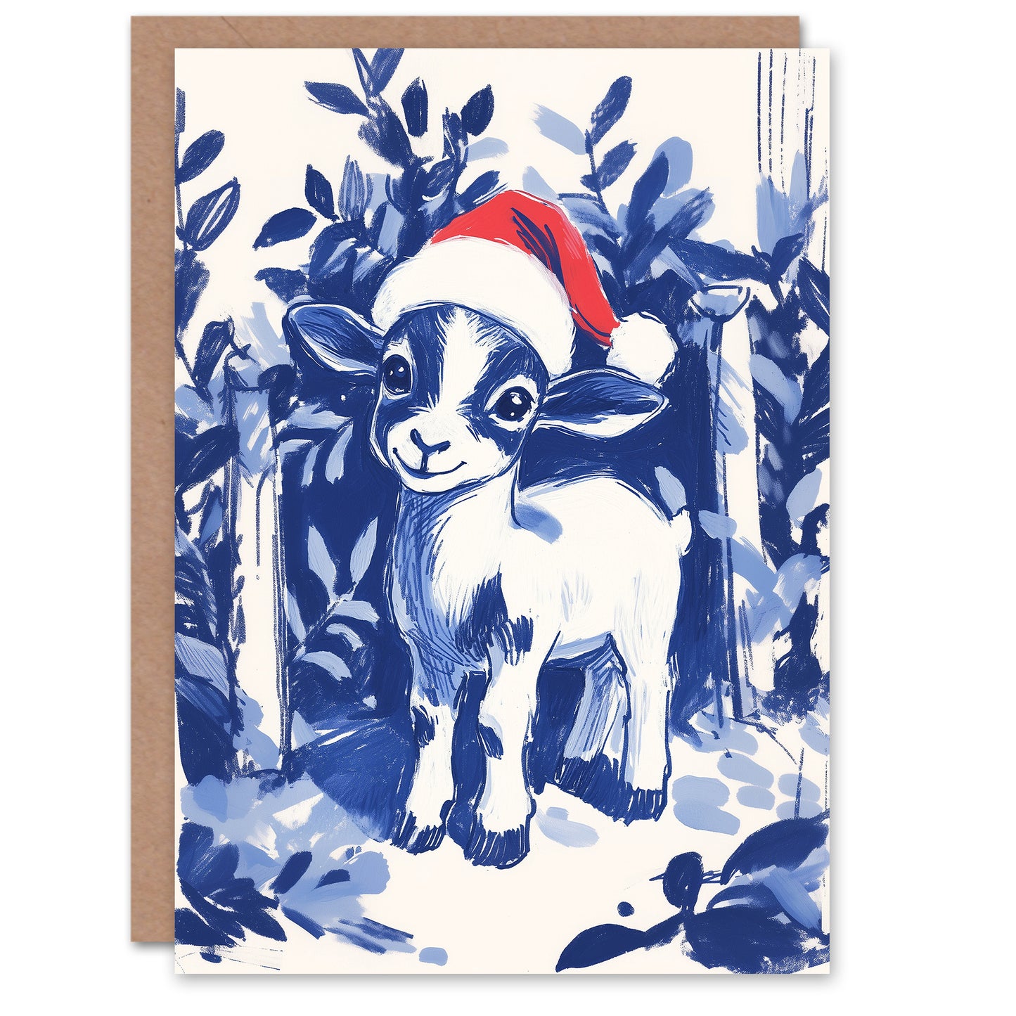 Cute Baby Lamb With Santa Hat Blue Christmas Card