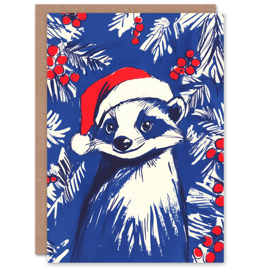 Santa Hat Badger Holly Plant Berry Fun Festive Xmas Christmas Card