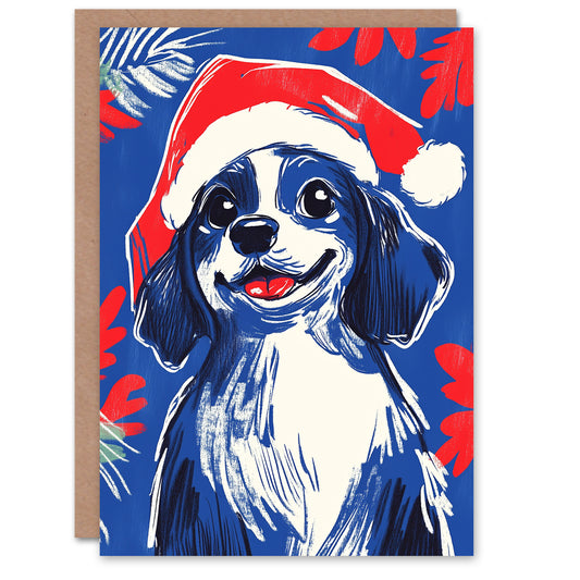 King Charles Spaniel Santa Hat Dog Lover Blue Christmas Card