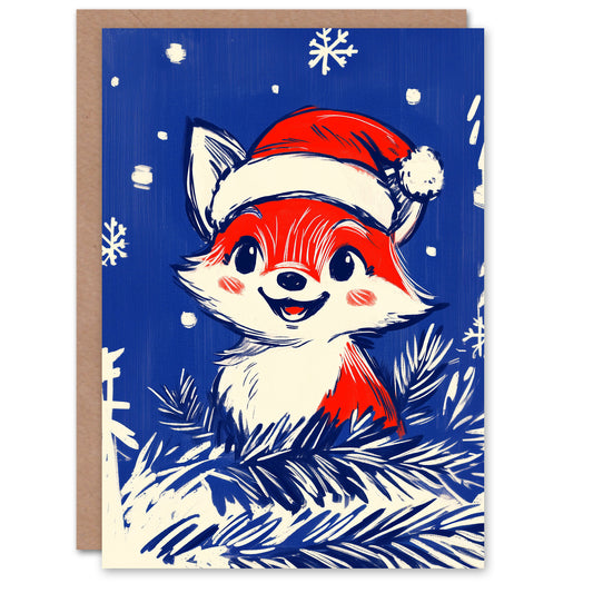 Cute Baby Fox With Santa Hat Cartoon Christmas Card