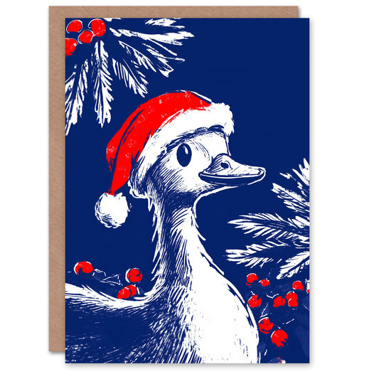Cute Goose With Santa Hat And Holly Fun Festive Christmas Card