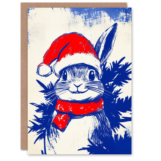 Cute Bunny Rabbit With Santa Hat Scarf Christmas Card