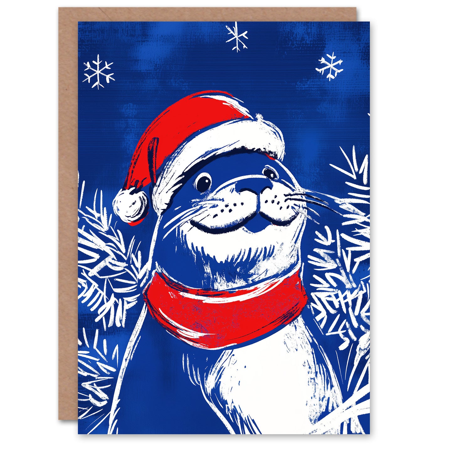 Cute Seal Santa Hat Scarf White Blue Fun Festive Christmas Card