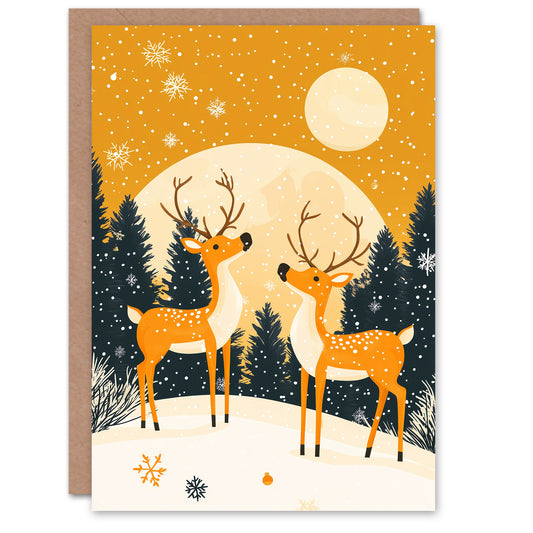 Reindeer Forest Winter Full Moon Sun Fun Xmas Christmas Card