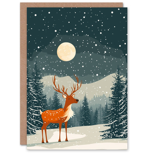 Reindeer Moon North Pole Winter Snow Xmas Christmas Card