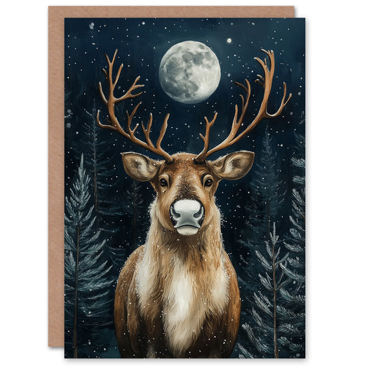 Pine Tree Reindeer Winter Moon Snow Christmas Card