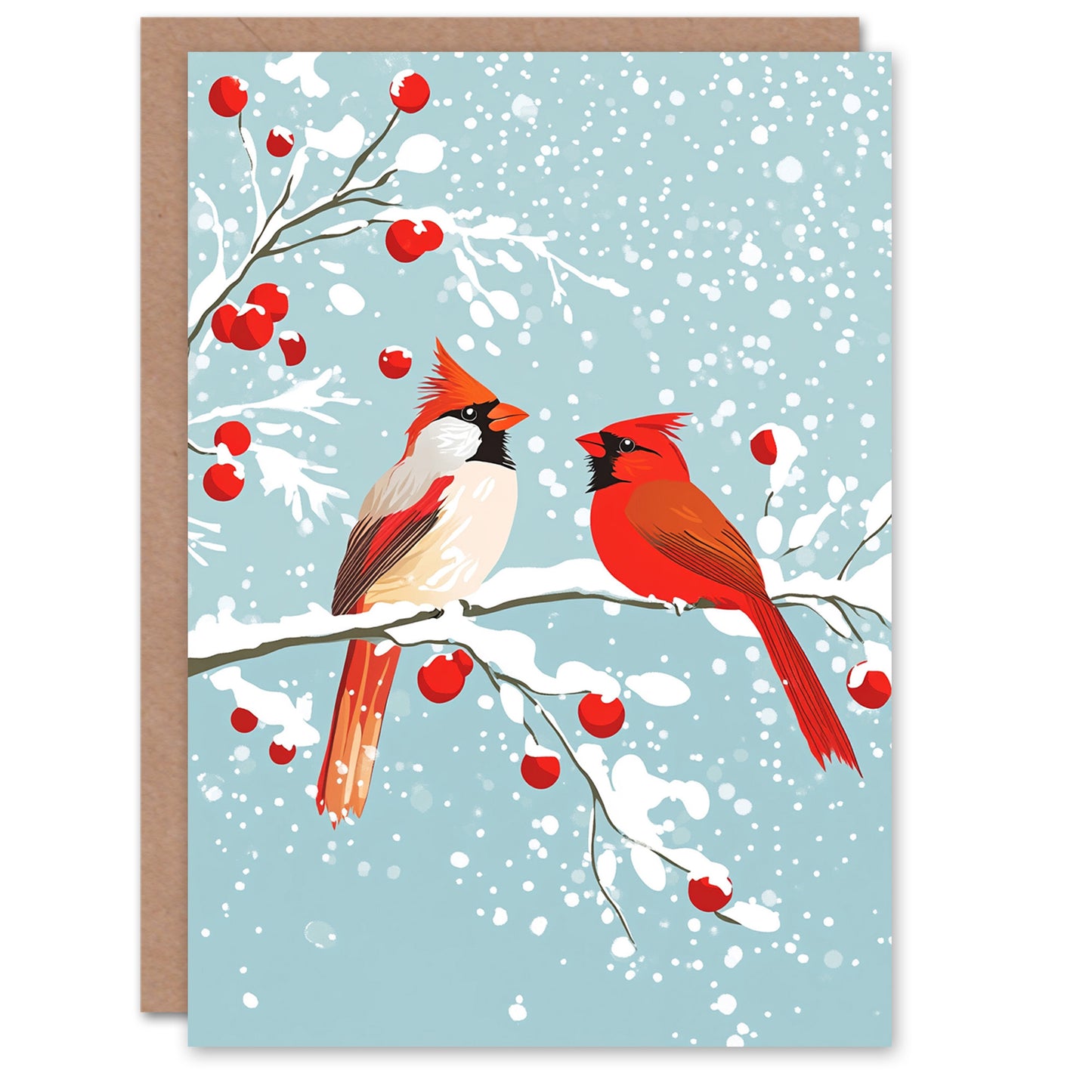 Cardinal Birds Snow Berry Tree Christmas Card