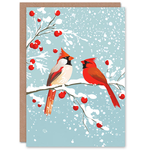Cardinal Birds Snow Berry Tree Christmas Card