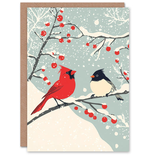 Cardinal Birds on Berry Tree Winter Christmas Card