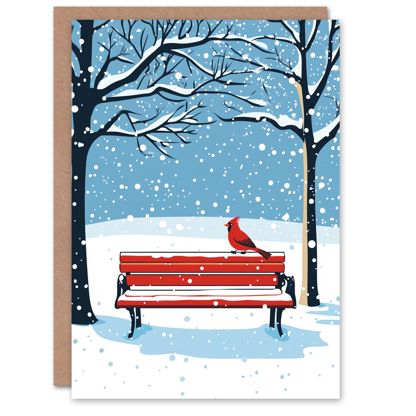 Red Cardinal Park Bench Snow Winter Scene Christmas Card
