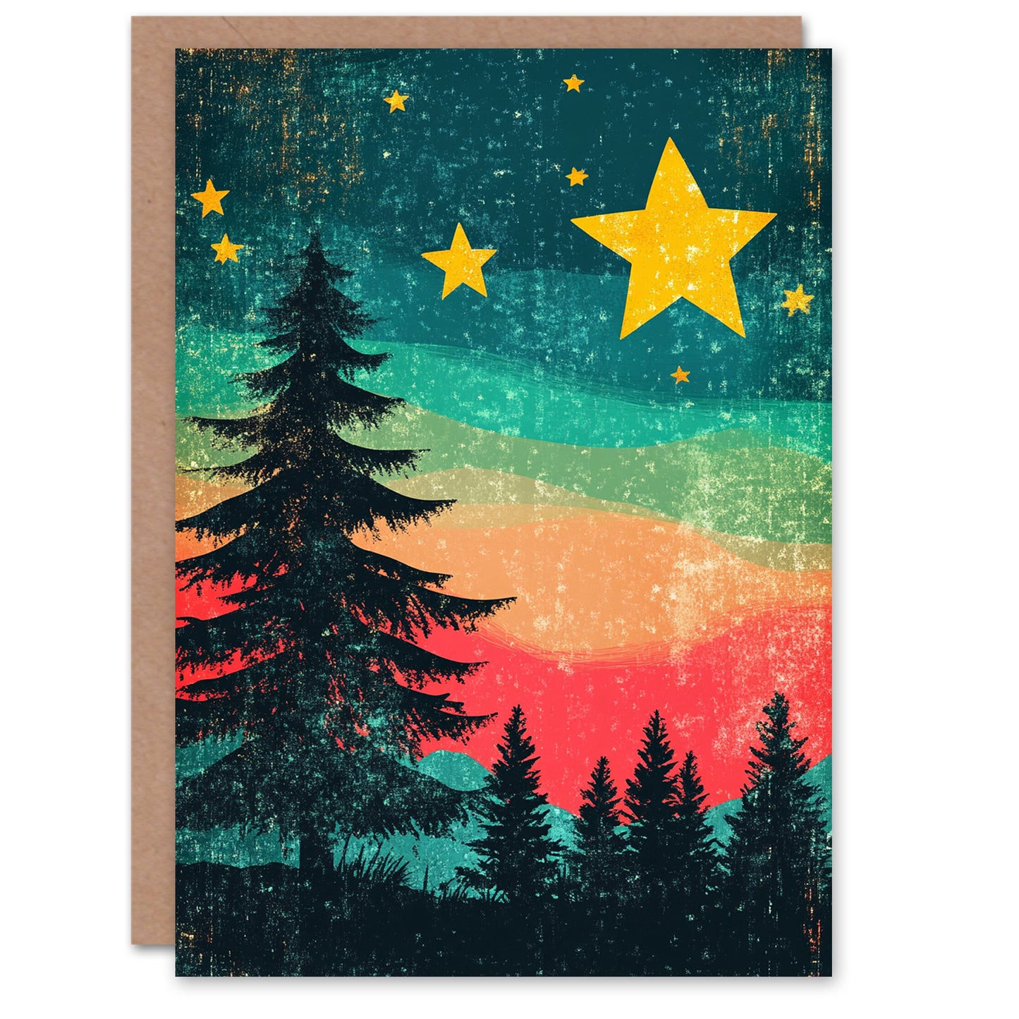 Colourful Rainbow Sunset Sky Stars Trees Festive Christmas Card