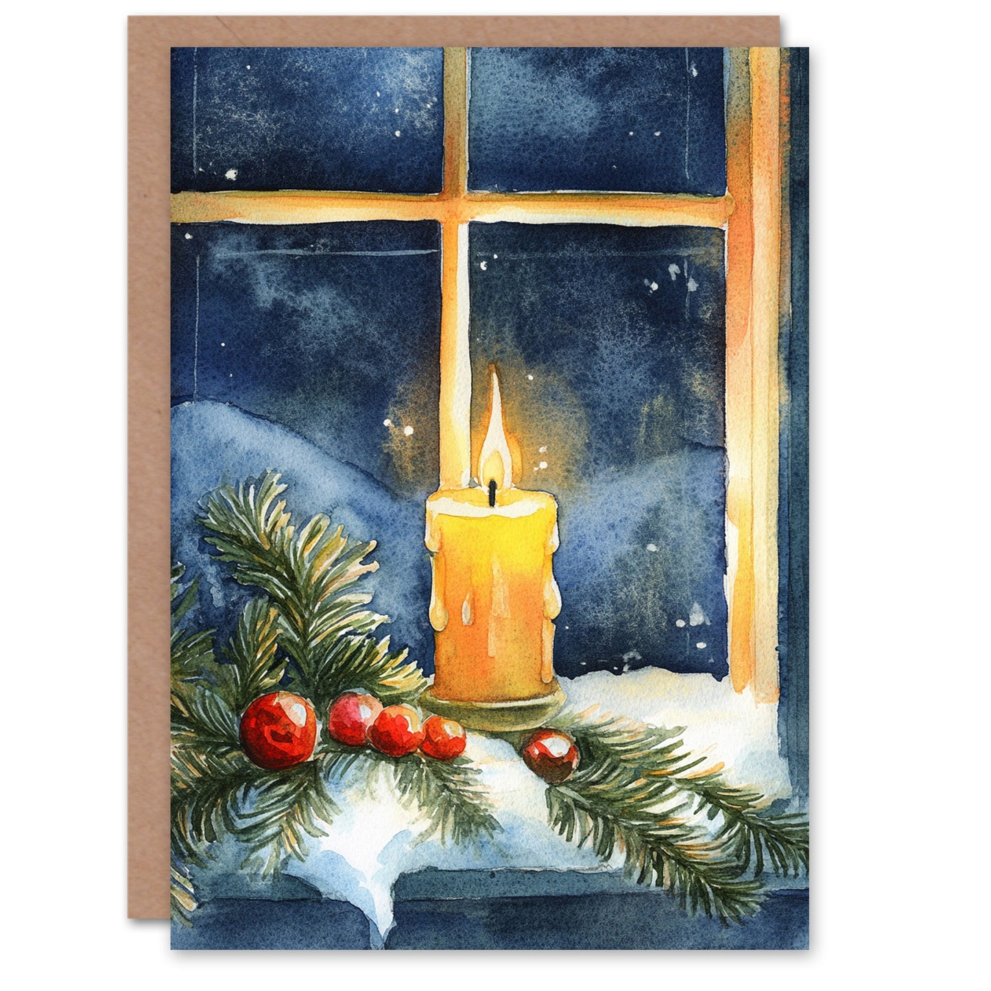 Pillar Candle Holly Pine Window Snow Christmas Card