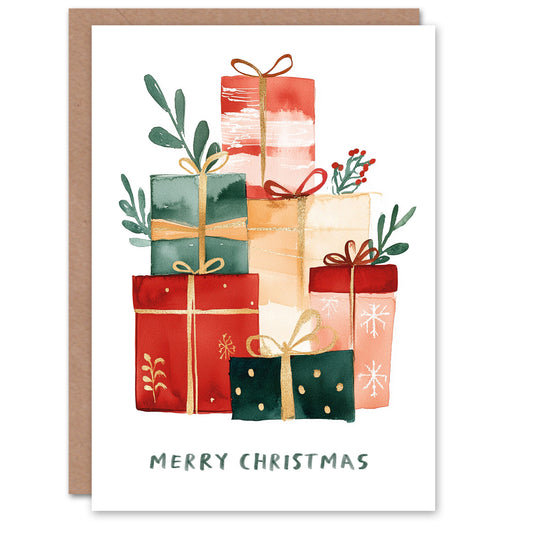 Stack of Gifts Red Green Pink Fun Festive Merry Christmas Card