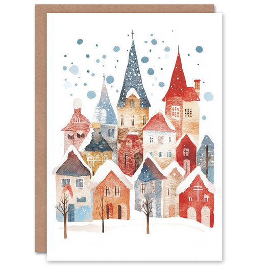 Rustic Village Winter Snow Folk Art Fun Festive Xmas Christmas Card