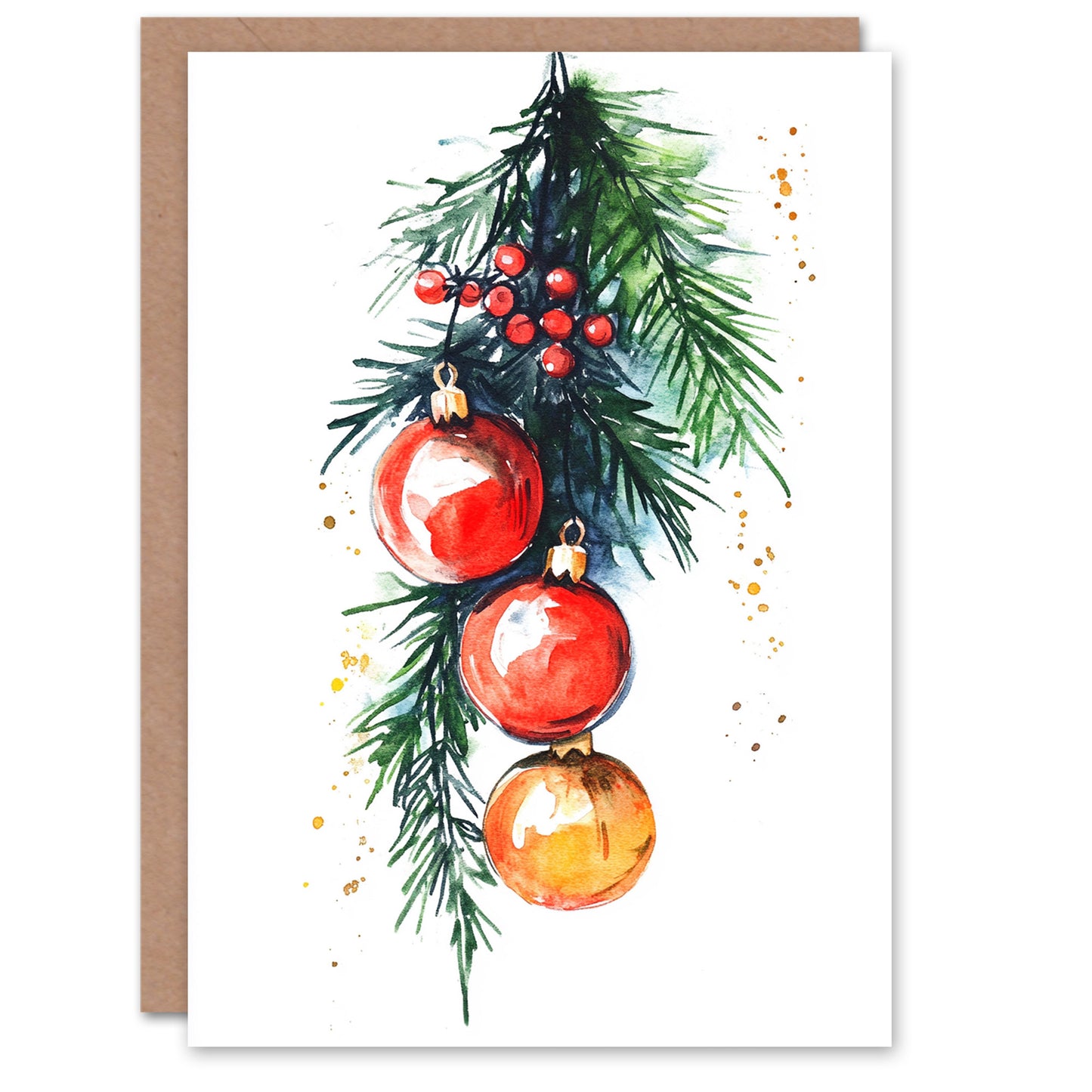 Holly Pine Tree Baubles Holiday Festive Christmas Card