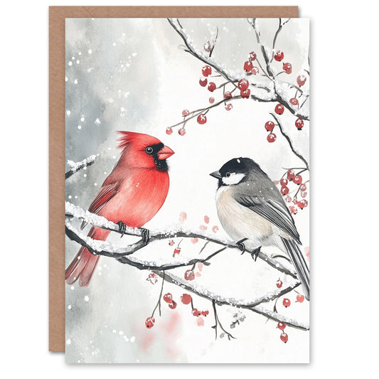 Red Cardinal Chickadee Bird Winter Xmas Christmas Card