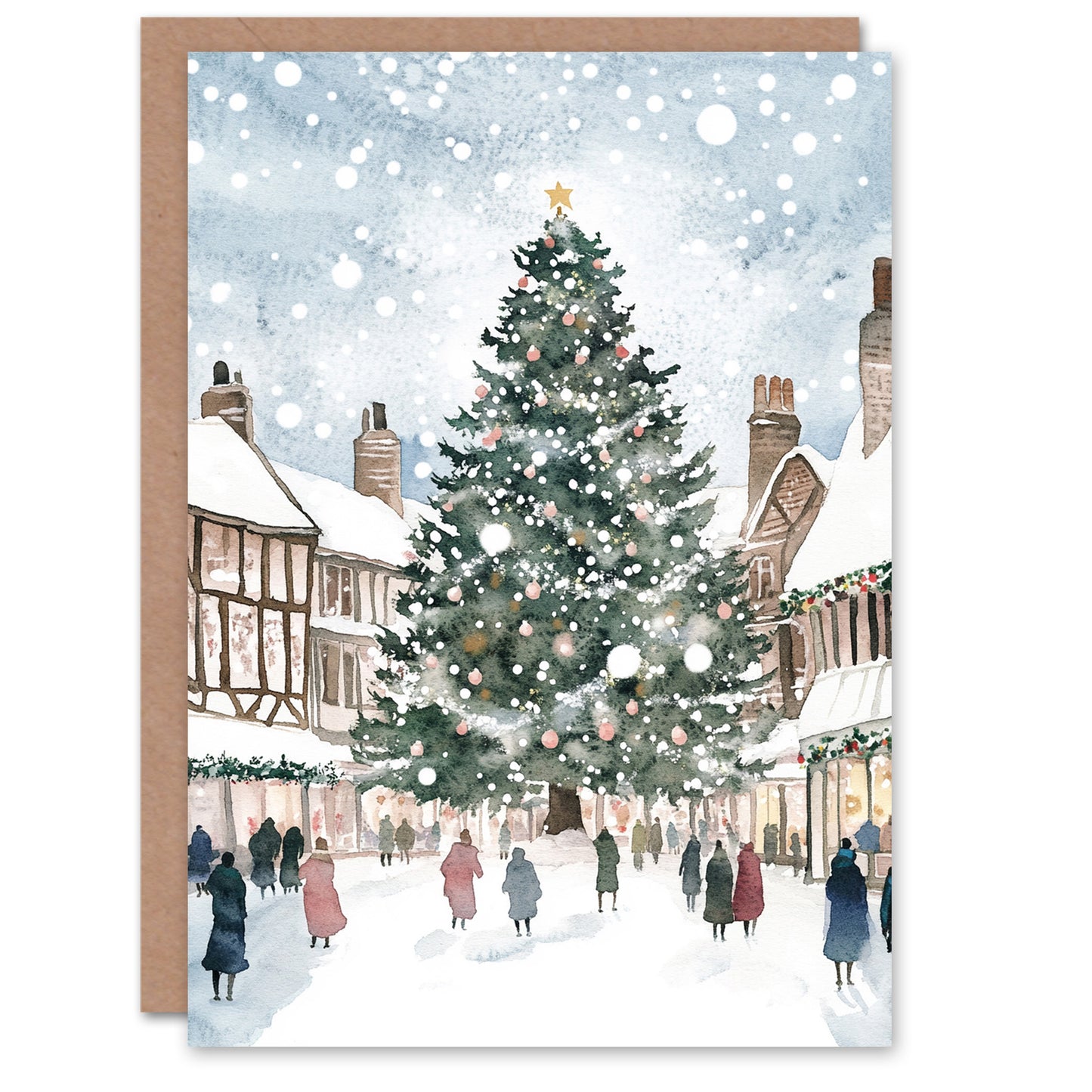 English Town Square Decorated Tree Festive Christmas Card