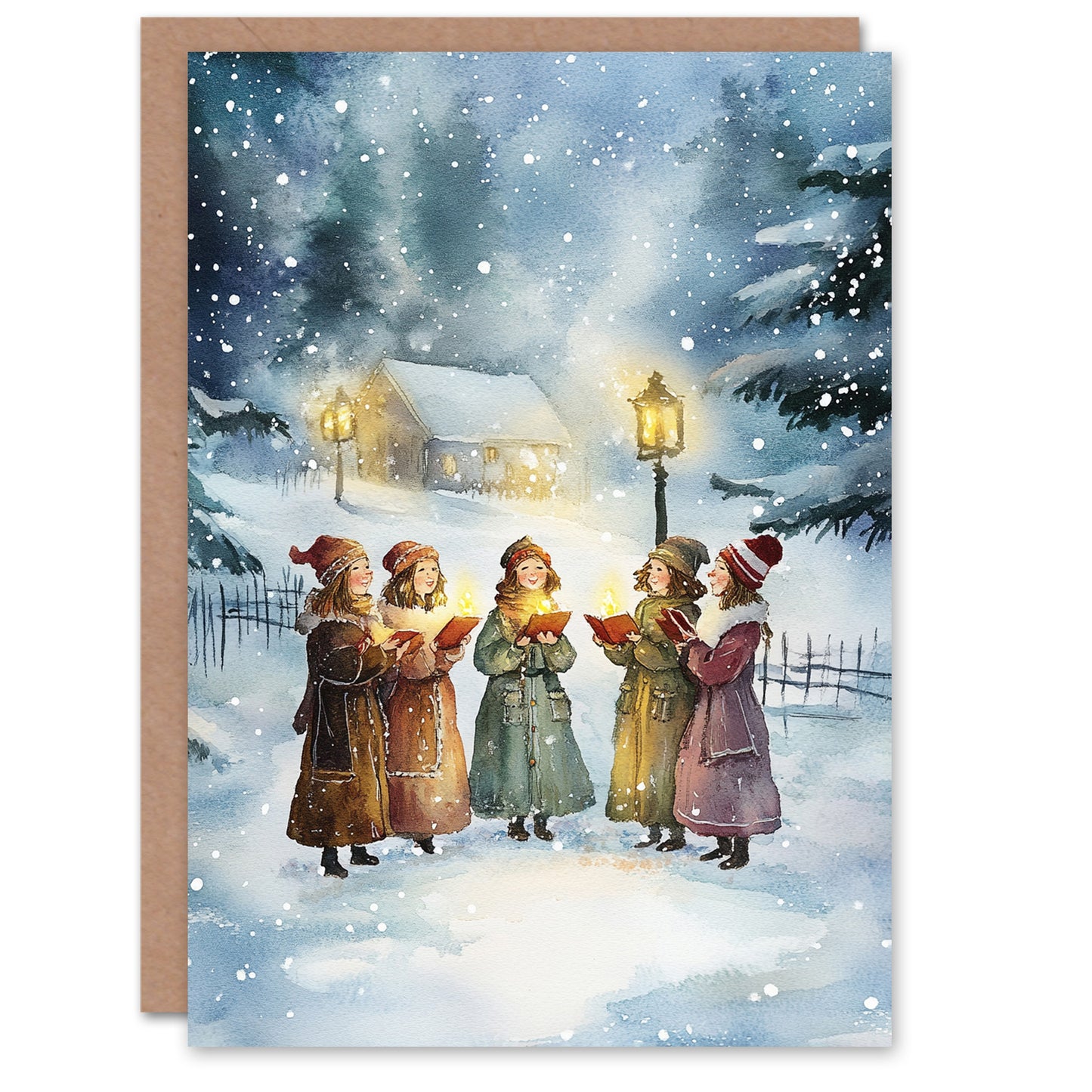 Carol Singers Winter Snowy Countryside Christmas Card